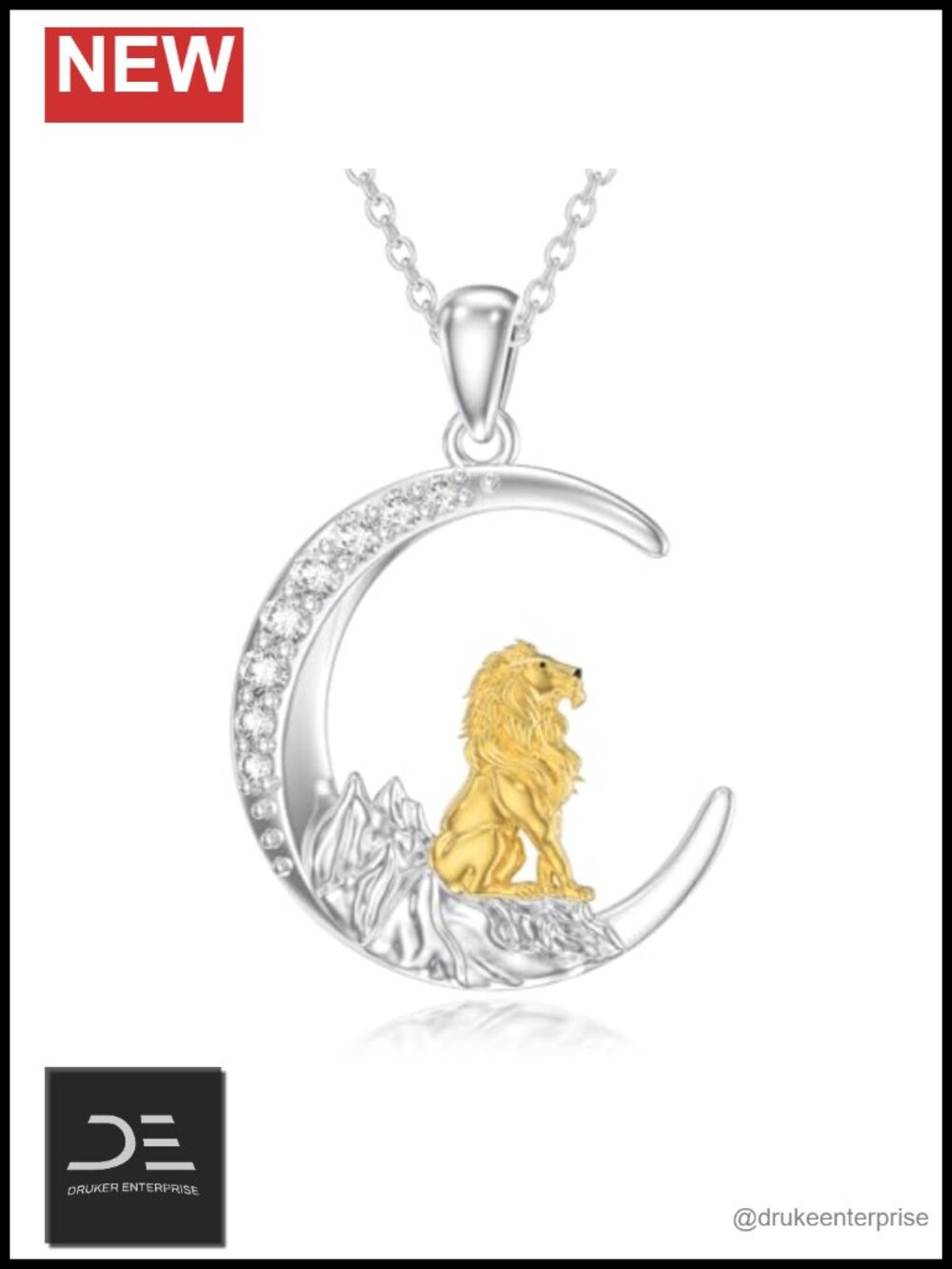 Sterling Silver Lion Moon Pendant Necklace with Lab-Grown Diamonds